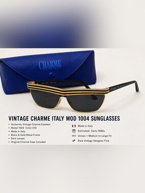New Vintage Style Charme Italy Mod 1004 Gold Black Geometric Sunglasses w/ Case